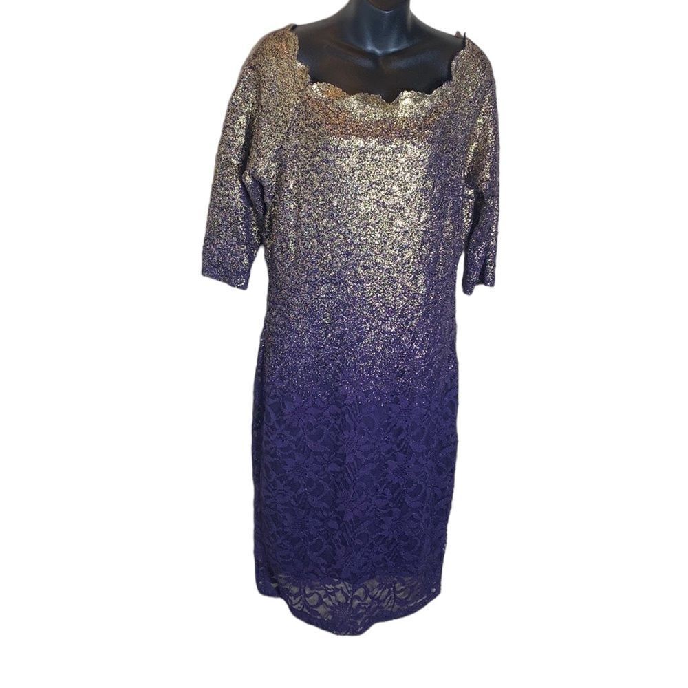 Marina purple/gold metallic ombré lace sheath dress 14 shimmer‎ textured fairy